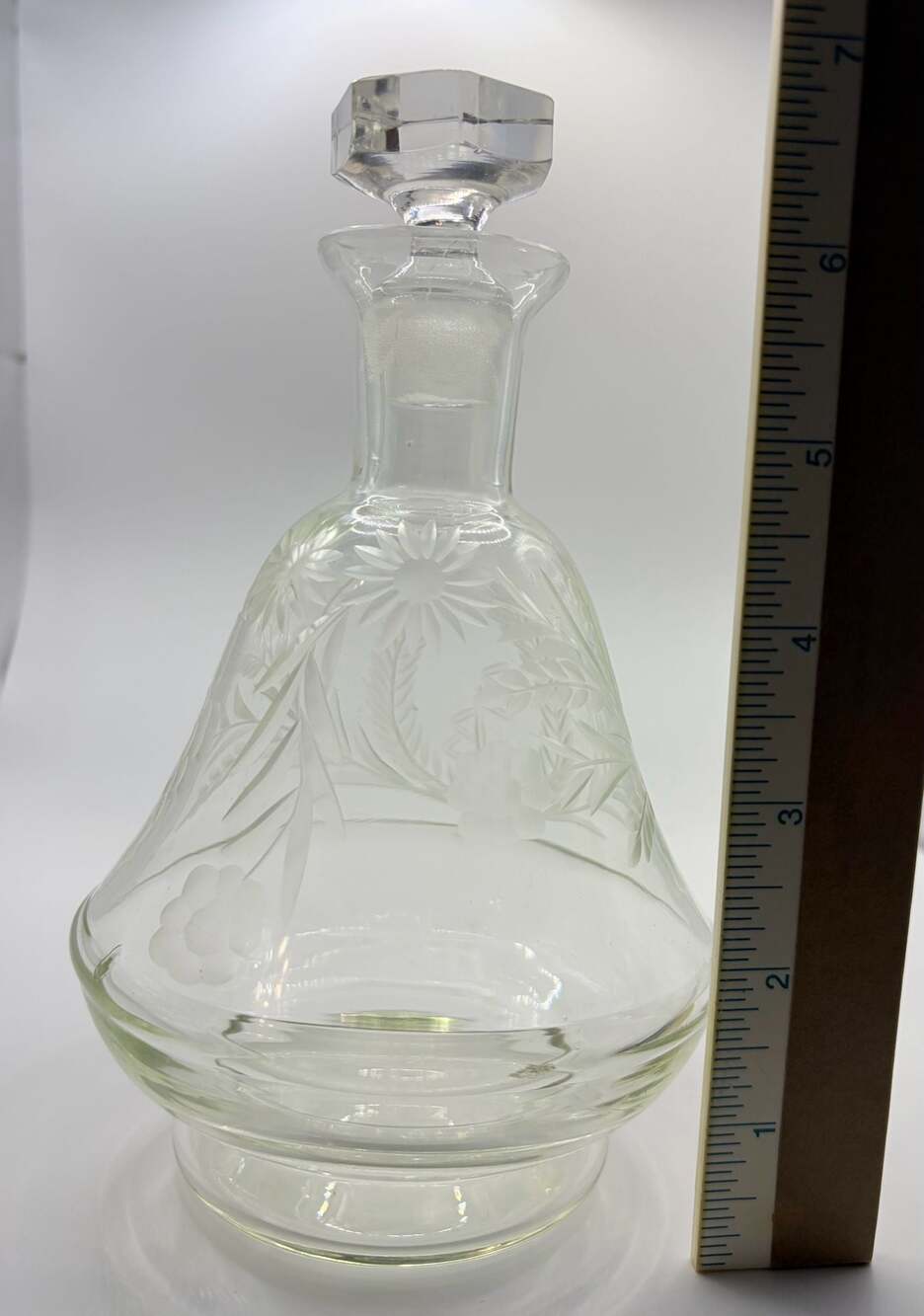 Vintage Tiffin Glass Etched Floral Bell-Shaped Glass Decanter with Stopper